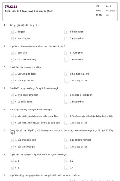 Đề thi giữa kì 1 Công nghệ 9 có đáp án (Đề 3)