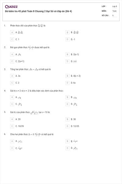 Đề kiểm tra 45 phút Toán 8 Chương 2 Đại Số có đáp án (Đề 4)