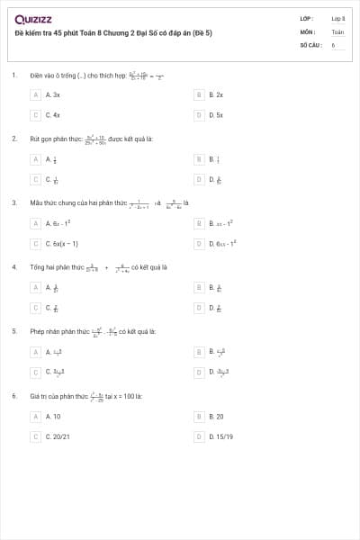 Đề kiểm tra 45 phút Toán 8 Chương 2 Đại Số có đáp án (Đề 5)