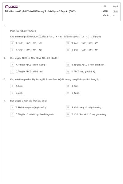 Đề kiểm tra 45 phút Toán 8 Chương 1 Hình Học có đáp án (Đề 2)