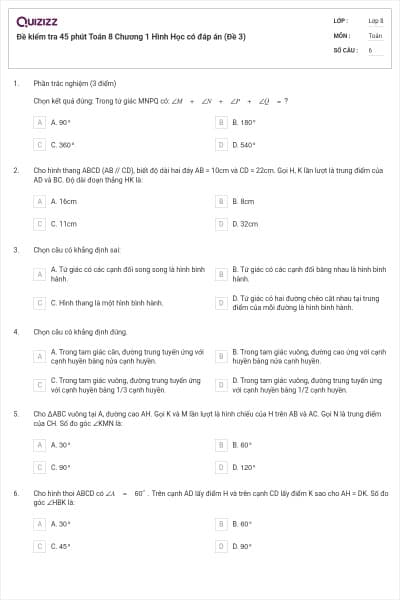 Đề kiểm tra 45 phút Toán 8 Chương 1 Hình Học có đáp án (Đề 3)