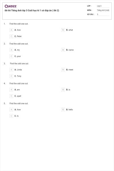 Đề thi Tiếng Anh lớp 3 Cuối học kì 1 có đáp án ( Đề 2)