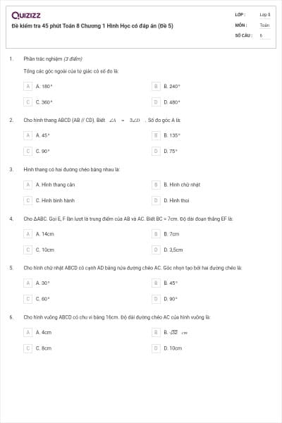 Đề kiểm tra 45 phút Toán 8 Chương 1 Hình Học có đáp án (Đề 5)