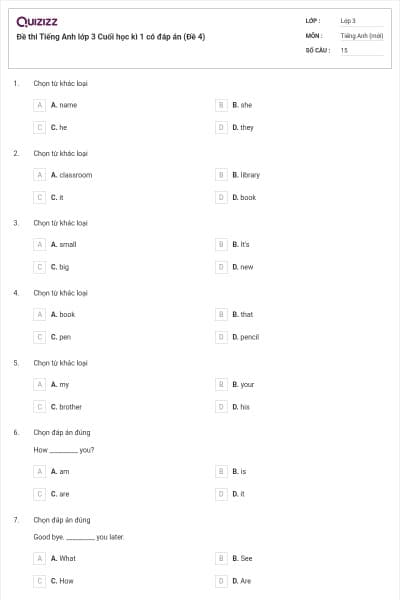 Đề thi Tiếng Anh lớp 3 Cuối học kì 1 có đáp án (Đề 4)