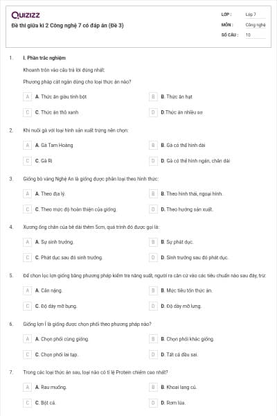Đề thi giữa kì 2 Công nghệ 7 có đáp án (Đề 3)