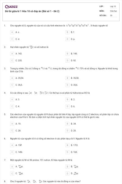 Đề thi giữa kì 1 Hóa 10 có đáp án (Bài số 1 - Đề 2)
