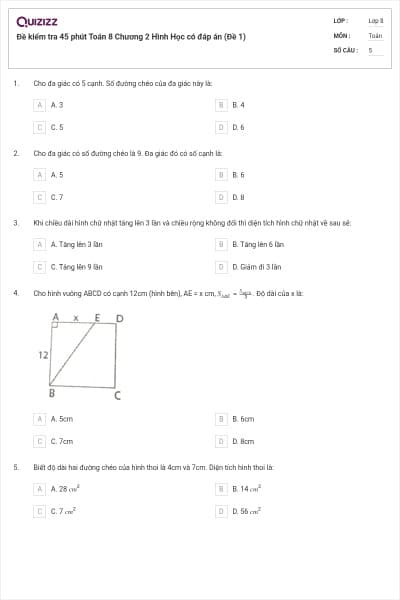 Đề kiểm tra 45 phút Toán 8 Chương 2 Hình Học có đáp án (Đề 1)