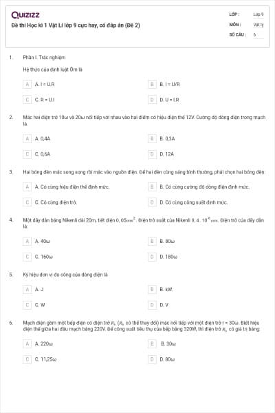 Đề thi Học kì 1 Vật Lí lớp 9 cực hay, có đáp án (Đề 2)