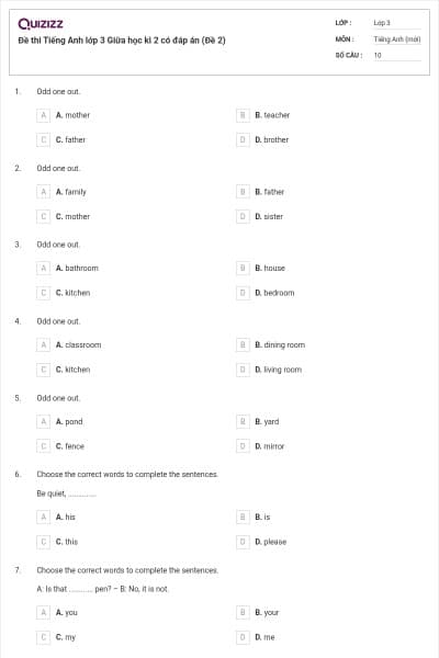 Đề thi Tiếng Anh lớp 3 Giữa học kì 2 có đáp án (Đề 2)