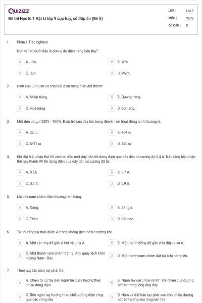 Đề thi Học kì 1 Vật Lí lớp 9 cực hay, có đáp án (Đề 5)