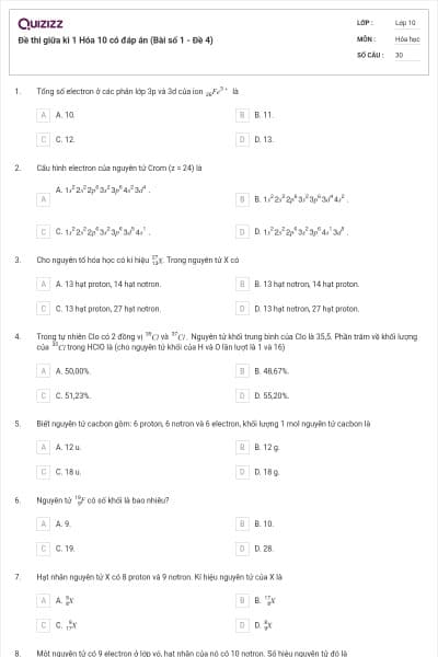 Đề thi giữa kì 1 Hóa 10 có đáp án (Bài số 1 - Đề 4)