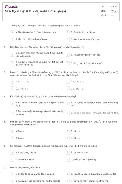 Đề thi Học kì 1 Vật Lí 10 có đáp án (Đề 1 - Trắc nghiệm)