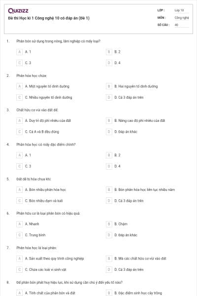 Đề thi Học kì 1 Công nghệ 10 có đáp án (Đề 1)