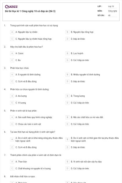 Đề thi Học kì 1 Công nghệ 10 có đáp án (Đề 3)