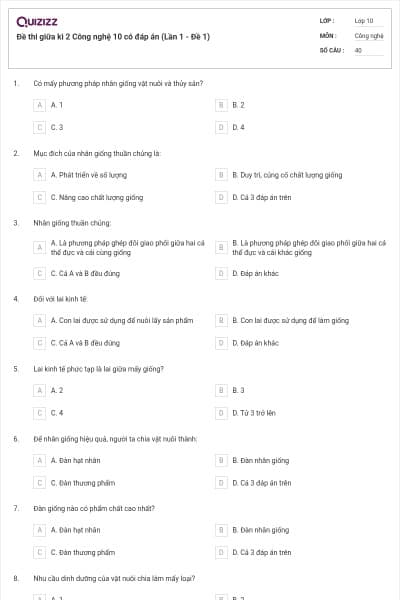Đề thi giữa kì 2 Công nghệ 10 có đáp án (Lần 1 - Đề 1)