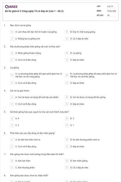 Đề thi giữa kì 2 Công nghệ 10 có đáp án (Lần 1 - Đề 2)