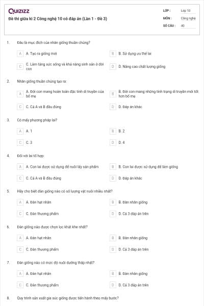 Đề thi giữa kì 2 Công nghệ 10 có đáp án (Lần 1 - Đề 3)
