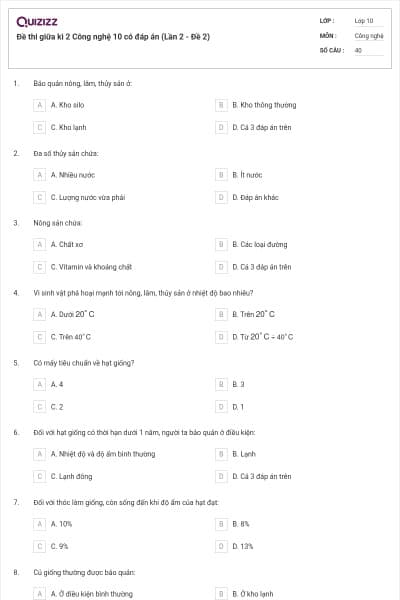 Đề thi giữa kì 2 Công nghệ 10 có đáp án (Lần 2 - Đề 2)