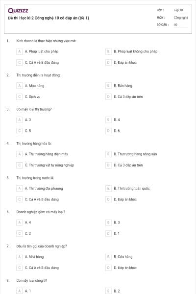 Đề thi Học kì 2 Công nghệ 10 có đáp án (Đề 1)