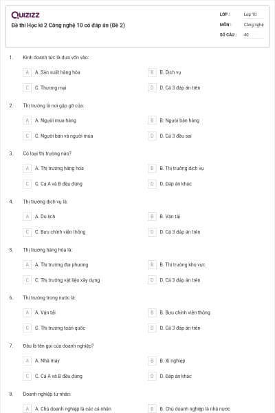 Đề thi Học kì 2 Công nghệ 10 có đáp án (Đề 2)