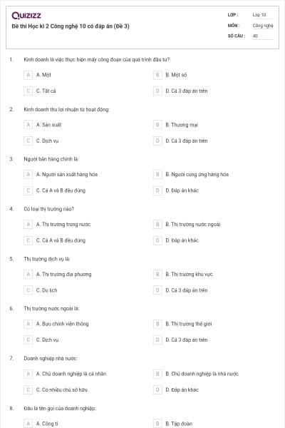 Đề thi Học kì 2 Công nghệ 10 có đáp án (Đề 3)