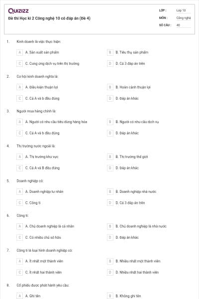Đề thi Học kì 2 Công nghệ 10 có đáp án (Đề 4)