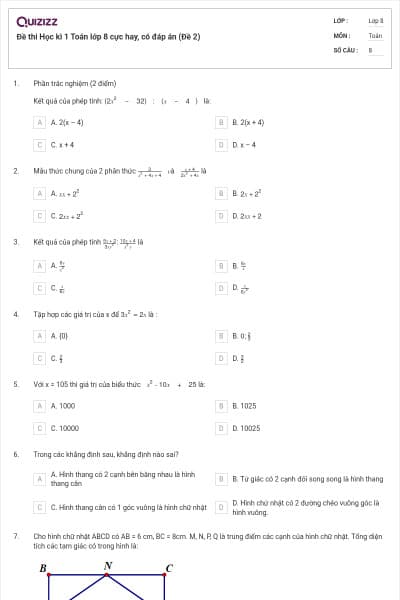 Đề thi Học kì 1 Toán lớp 8 cực hay, có đáp án (Đề 2)