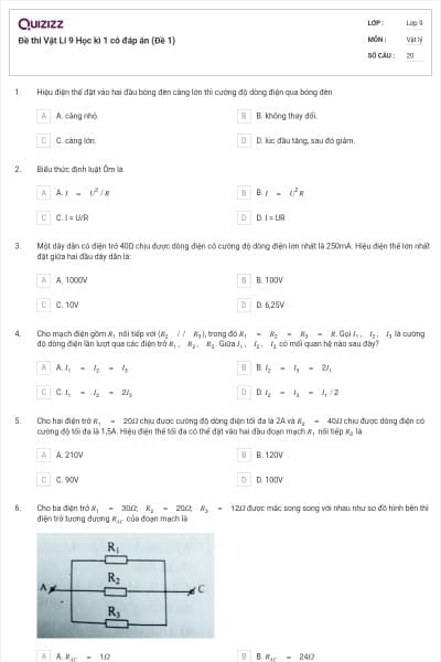 Đề thi Vật Lí 9 Học kì 1 có đáp án (Đề 1)