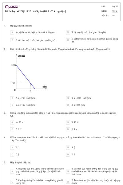 Đề thi học kì 1 Vật Lí 10 có đáp án (Đề 2 - Trắc nghiệm)