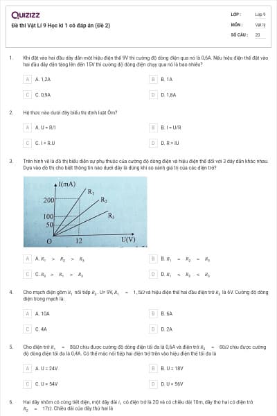 Đề thi Vật Lí 9 Học kì 1 có đáp án (Đề 2)