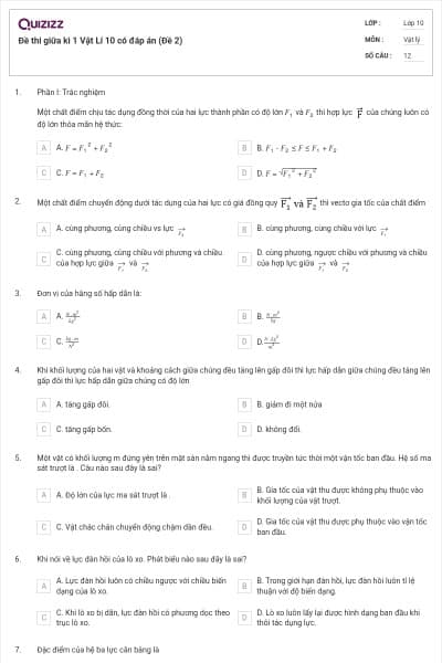 Đề thi giữa kì 1 Vật Lí 10 có đáp án (Đề 2)
