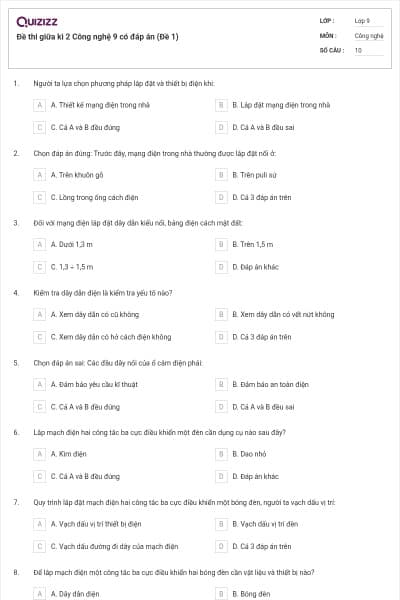 Đề thi giữa kì 2 Công nghệ 9 có đáp án (Đề 1)