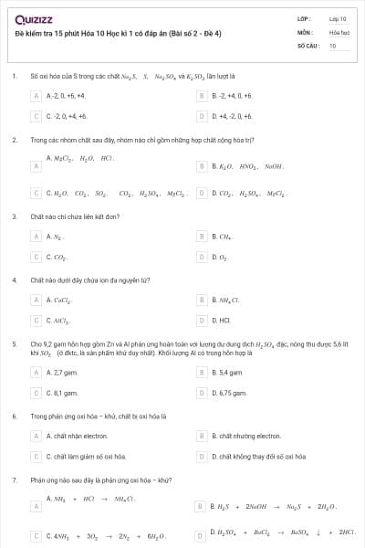 Đề kiểm tra 15 phút Hóa 10 Học kì 1 có đáp án (Bài số 2 - Đề 4)