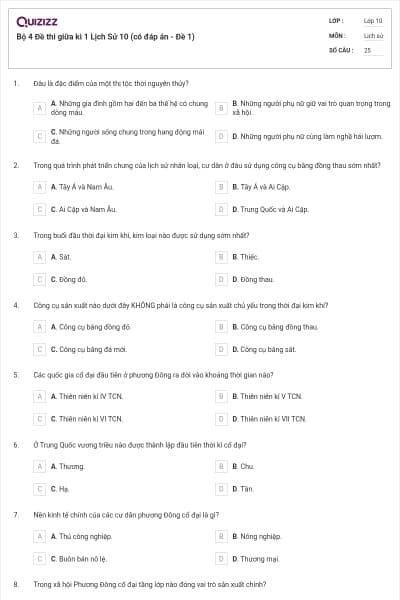 Bộ 4  Đề thi giữa kì 1 Lịch Sử 10 (có đáp án - Đề 1)
