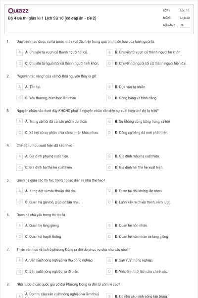 Bộ 4  Đề thi giữa kì 1 Lịch Sử 10 (có đáp án - Đề 2)
