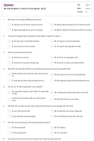 Bộ 4  Đề thi giữa kì 1 Lịch Sử 10 (có đáp án - Đề 3)