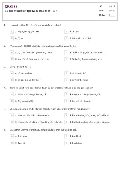 Bộ 4  Đề thi giữa kì 1 Lịch Sử 10 (có đáp án - Đề 4)