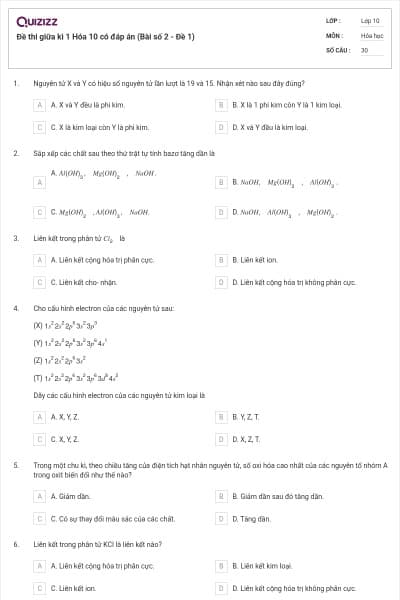 Đề thi giữa kì 1 Hóa 10 có đáp án (Bài số 2 - Đề 1)