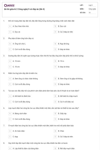 Đề thi giữa kì 2 Công nghệ 9 có đáp án (Đề 4)