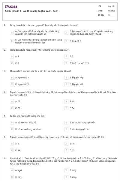 Đề thi giữa kì 1 Hóa 10 có đáp án (Bài số 2 - Đề 2)
