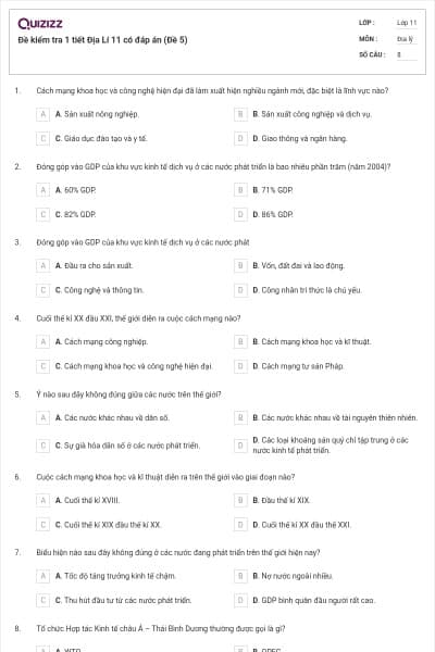Đề kiểm tra 1 tiết Địa Lí 11 có đáp án (Đề 5)