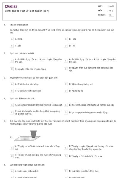 Đề thi giữa kì 1 Vật Lí 10 có đáp án (Đề 4)