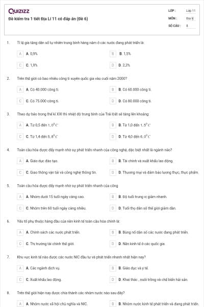 Đề kiểm tra 1 tiết Địa Lí 11 có đáp án (Đề 6)