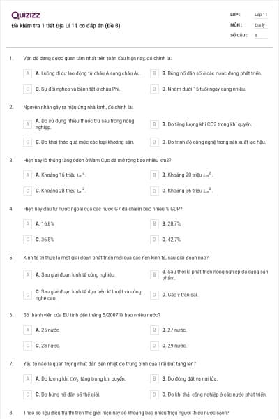 Đề kiểm tra 1 tiết Địa Lí 11 có đáp án (Đề 8)