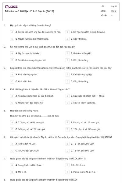 Đề kiểm tra 1 tiết Địa Lí 11 có đáp án (Đề 10)