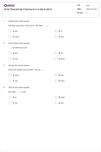 Đề thi Tiếng Anh lớp 3 Giữa học kì 2 có đáp án (Đề 4)