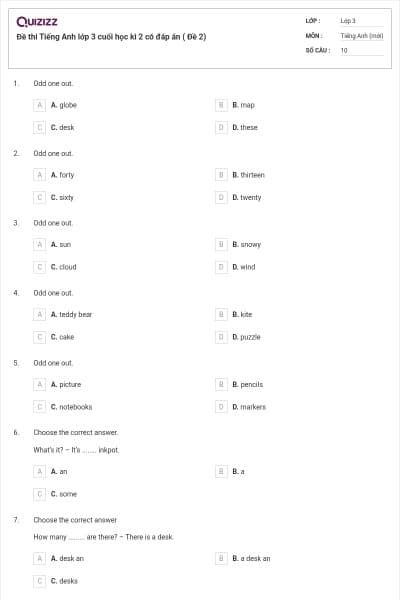 Đề thi Tiếng Anh lớp 3 cuối học kì 2 có đáp án ( Đề 2)