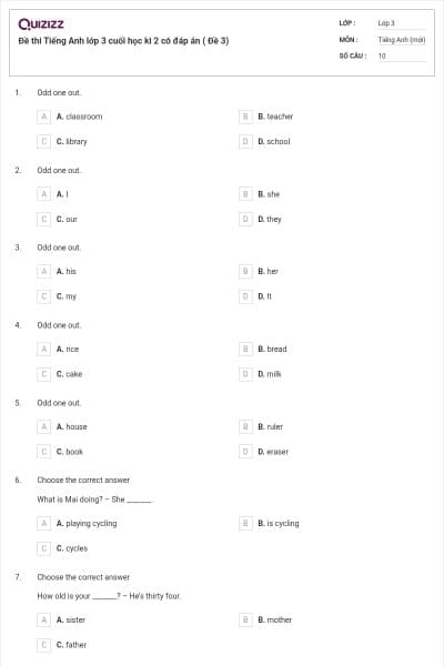 Đề thi Tiếng Anh lớp 3 cuối học kì 2 có đáp án ( Đề 3)