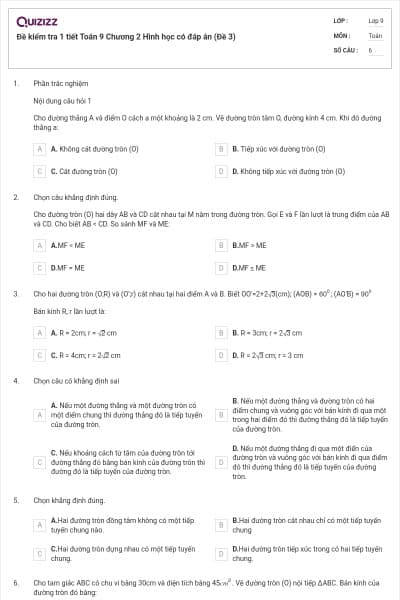 Đề kiểm tra 1 tiết Toán 9 Chương 2 Hình học có đáp án (Đề 3)