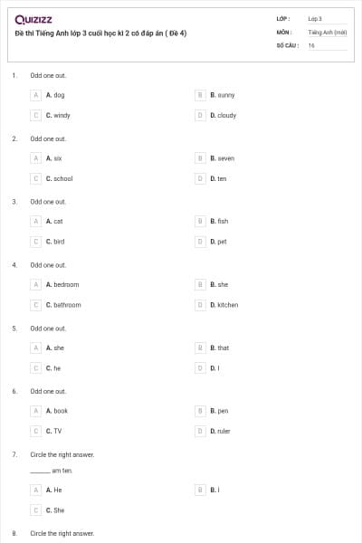 Đề thi Tiếng Anh lớp 3 cuối học kì 2 có đáp án ( Đề 4)
